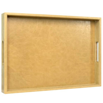 20 x 14 inches Leather Rectangle Serving Tray with Hole Handles,High-End Light Large Service Tray for Ottoman Tray, Tea, Food, Butler - Countertop, Kitchen,Family Dinner, Picnic (Brown) - color: Brown, size: 20" x 14" x 2"