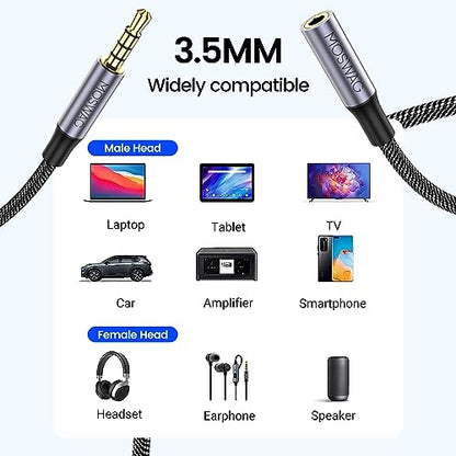 MOSWAG 9.84FT 3.5mm Male to Female Extension Cable with Microphone Stereo - color: Black, size: 10 ft