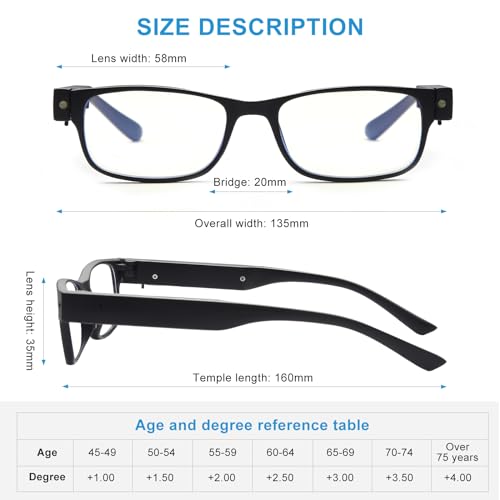 Reading Glasses with LED Light Readers Blue Light Blocking Anti Eyestrain Eyeglasses Lighted Nighttime