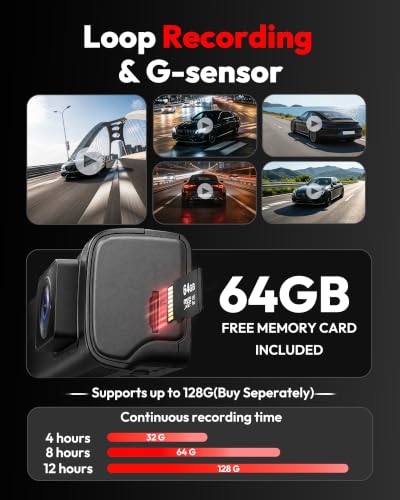 3 Channel 5G WiFi Dash Cam, 4K+1080P+1080P Dash Cam Front and Rear with 64GB Card, Dash Camera for Car with HDR IR Night Vision, G-Sensor, 24/7 Parking Mode, WDR, Support 128GB Max - Silver