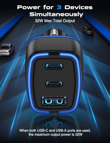 USB C Car Charger, 3 Port PD Super Mini Cigarette Lighter Adapter, 2Pack USB-C & A Fast Car Charging for iPhone 16/15 Pro Max, Galaxy S25/S24, iPad, Pixel, Android Phones,Travel Essentials for Men - color: Black