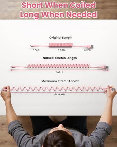 6.6ft Coiled iPhone Charger Cord, MFi Certified Fast Charging Coiled Lightning Cable with LED Light, USB to Lightning Charging Cable for iPhone 14/13/12/11/XS/X/8/7/iPad/CarPlay-Pink