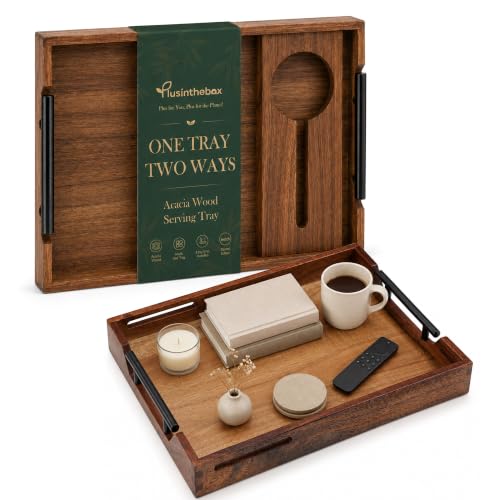Acacia Wood Serving Tray with Handles for Ottoman Coffee Table - color: Acacia Wood-1