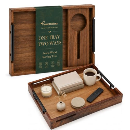 Acacia Wood Serving Tray with Handles for Ottoman Coffee Table - color: Acacia Wood-1