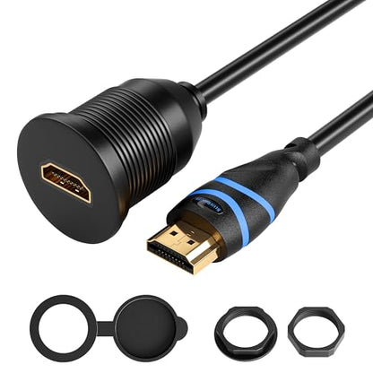 BlueRigger HDMI Waterproof Cable - (3FT, 4K 60Hz, HDMI Panel Mount Socket with Waterproof Dustproof Cap, Male to Female Pass Through, Audio Video Car Dash Adapter) - Compatible with Car, Boat, TV - style: Cable