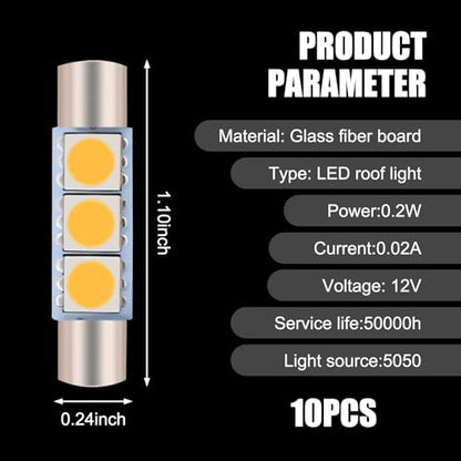 10 PCS T6 5050 Car LED Sun Visor Lights, 28MM 12V 300LM Super Bright Waterproof Vehicle Reading Light Bulb Replacement, Universal Automotive Roof Light Accessories (Warm White Light) - color: Warm White Light