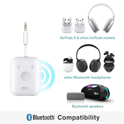 MEE audio Connect Air in-Flight Bluetooth Wireless Audio Transmitter Adapter for up to 2 AirPods / Other Headphones; Works with All 3.5mm Aux Jacks on Airplanes, Gym Equipment, TVs, & Gaming Consoles - color: White, style: Connect Air