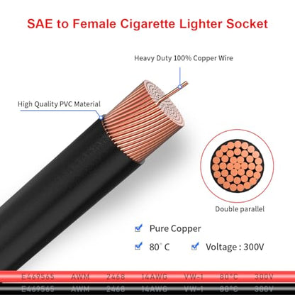 ELFCULB SAE to 12V Cigarette Lighter Socket Cable 14AWG 20FT for RV - color: SAE to CIG, size: 20FT