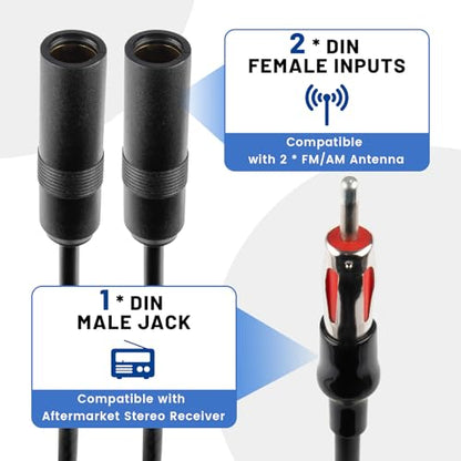 Anina Car Antenna Splitter Cable 2 in 1 Out, DIN Male to 2 Female, Universal AM FM Radio Y Adapter for Car Stereo, Truck, Head Unit, CD Player, Media Receiver