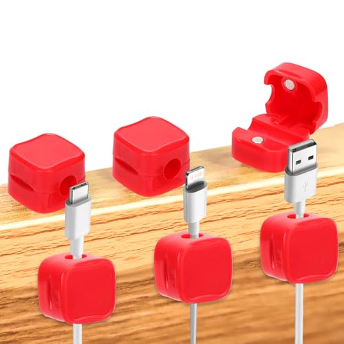 6pcs Phone Charger Wire Holders, Magnetic Desk Cable Clips Self Adhesive Desk Cable Cord Organizer Wire Manager Keeper for Home Office Kitchen Wall Car Desk (Red)