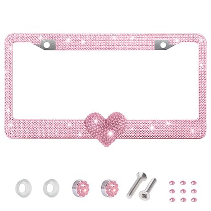 1 Pack Pink Bling License Plate Frame with Pink Rhinestone Heart - color: Pink Frame+Pink Heart