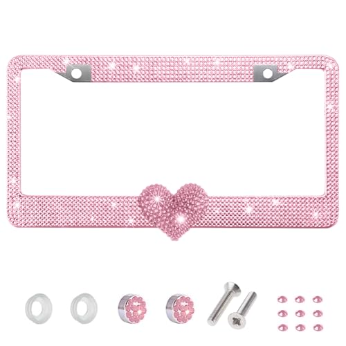 1 Pack Pink Bling License Plate Frame with Pink Rhinestone Heart - color: Pink Frame+Pink Heart
