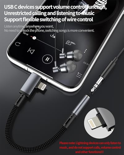 Aux to USB C Lightning for iPhone 17 16 15 14 13 Pro Max (2in1) 3.5mm Audio Adapter Headphone Jack Dongle Cable Female Car Port Splitter Compatible with Samsung for Ipad Auxiliary Male Plug