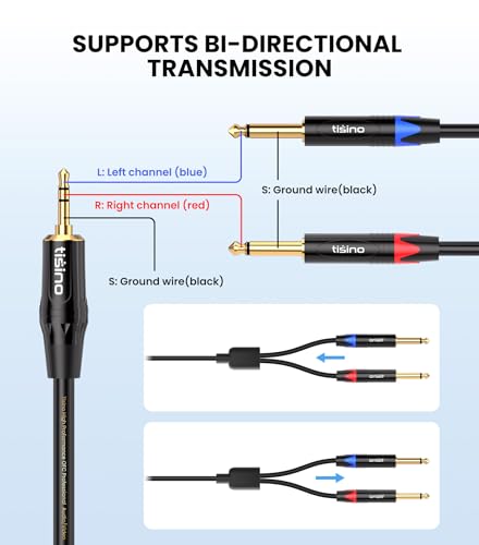 Tisino 1/8" to 1/4" Stereo Cable, Dual 1/4" to 3.5mm Audio Cable, 10FT/3m - size: 10 feet