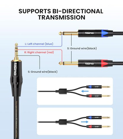 Tisino 1/8" to 1/4" Stereo Cable, Dual 1/4" to 3.5mm Audio Cable, 10FT/3m - size: 10 feet