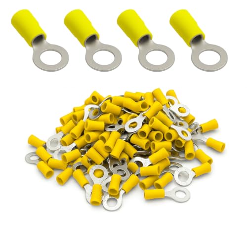 ANGSTROM 1/4" Bolt Ring Terminals, Insulated Electrical Crimp Connectors 100pcs (12-10ga Yellow) - color: 12-10ga Yellow, size: 1/4" Stud