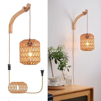 Plug in Wall Sconce,Farmhouse Wicker Wall Lamp Plug in,Hand Woven Rattan Wall Light Farmhouse Rustic Boho Sconces Wall Lighting for Living Room Bedroom - color: Rattan, size: 1 Pack