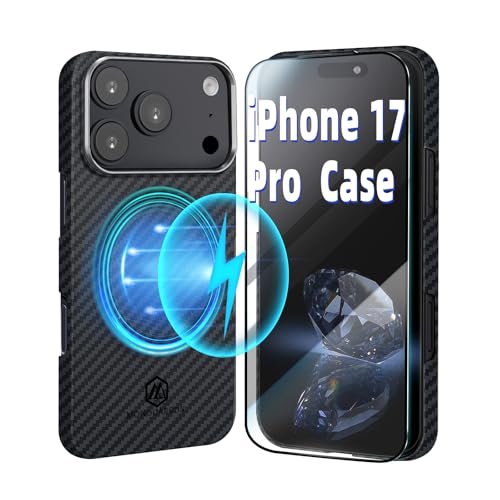 MONOCARBON Aramid Fiber Case for iPhone 17 Pro, Ultra-Thin & Light 6.3in Hard Cover with [Metal Camera Frame], [1500D Aramid Fiber Woven],[MagSafe Compatible], [Easy-Grip]+[Free Screen Protector] - size: for iPhone 17 Pro