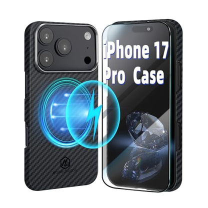 MONOCARBON Aramid Fiber Case for iPhone 17 Pro, Ultra-Thin & Light 6.3in Hard Cover with [Metal Camera Frame], [1500D Aramid Fiber Woven],[MagSafe Compatible], [Easy-Grip]+[Free Screen Protector] - size: for iPhone 17 Pro