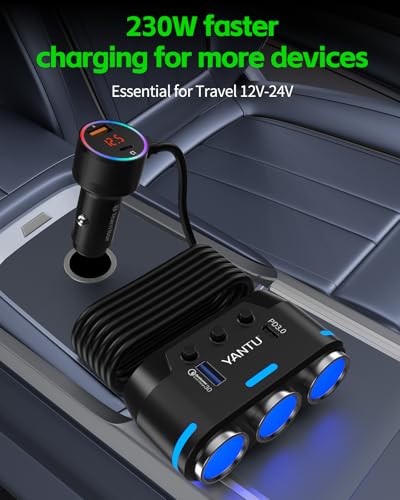 YANTU Cigarette Lighter Adapter/Splitter with PD&QC3.0 230W,Double/Dual USB C Car Charger Fast Charging 12V Outlet,Multi Socket Splitter with Ambient Lights/Independent Switches for Cars/Trucks/RVs - color: 212W-B40