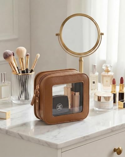 LETGO Clear Makeup Brush Bag Pouch, Waterproof PU Leather Portable Makeup Bag Holder with Transparent Window, Travel Lipstick Case Pouch Car Organizer and Storage, Square, Brown - color: Brown, style: Square