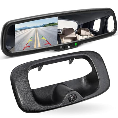 EWAY Tailgate Handle Backup Reverse Camera with 4.3 inch Rear View Mirror Monitor Kit for Chevy Silverado/GMC Sierra Fleet Side Metal Bed 1500 2500 3500 1999-2006 Reversing Parking Camera