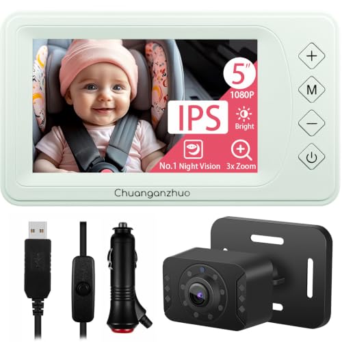Baby Car Camera with Advanced Crystal-Clear Night Vision, 3X Zoom, USB Powered, 5'' AHD 1080P IPS Monitor, Backseat Camera for Kids Infants Rear Facing Mirror, Green - color: Green