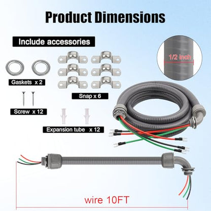1/2Inch Power Whips Assembly, 10FT Nonmetallic Liquid Tight Flexible Conduit Wire with 3 Conductors 10 Gauge THHN Electrical Wires, A/C Hook-up Whip Kit Electrical Wire(10FTx1/2Inch) - color: Teminal, size: 10 ft