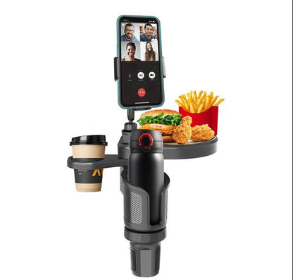 4-in-1 Car Cup Holder Expander with 360° Swivel Tray, Universal Adjustable Base for Large Mugs and Bottles, Integrated Smartphone Mount for Food and Snacks, Black