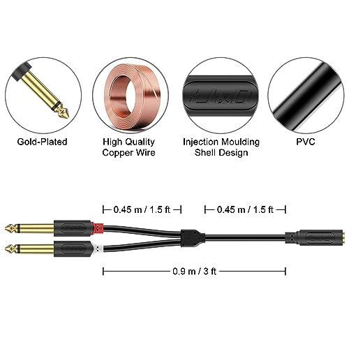 J&D 3.5mm to Dual 1/4 TS Stereo Breakout Cable, Gold Plated Audiowave Series 3.5mm 1/8 inch TRS Female to 2X 6.35mm 1/4 inch TS Male Mono Audio Cable Splitter for Spekers, Amplifiers, Mixs, 3 Feet - size: 3 Feet