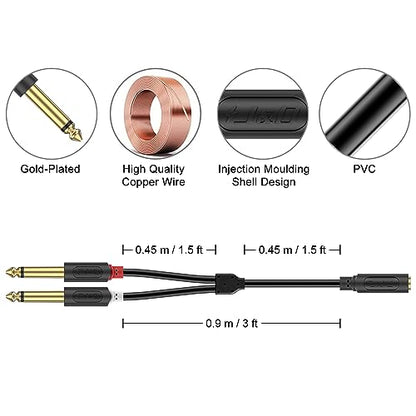 J&D 3.5mm to Dual 1/4 TS Stereo Breakout Cable, Gold Plated Audiowave Series 3.5mm 1/8 inch TRS Female to 2X 6.35mm 1/4 inch TS Male Mono Audio Cable Splitter for Spekers, Amplifiers, Mixs, 3 Feet - size: 3 Feet