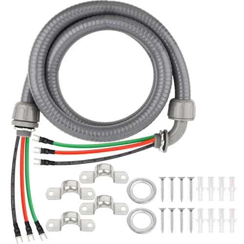 6FT Non-Metallic Liquid-Tight Conduit Kit, 1/2" Pre-Wired Electrical Whip with 3×10AWG THHN Copper Wires & Pre-Installed Terminals, 90° & Straight Connectors, Outdoor HVAC A/C Wiring - color: With Terminals, size: 6 ft