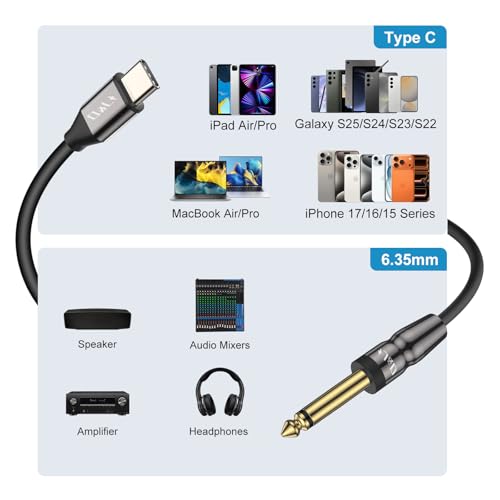 J&D USB-C to 6.35mm 1/4 inch TS Audio Mono Interconnect Aux Adapter Cable, Compatible with iPhone 16/17 Series, Galaxy S24/S25, AMP Mixer, 6.6 Feet - size: 6.6 Feet