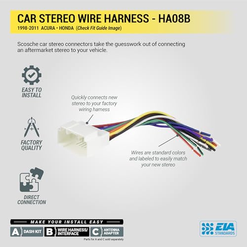 Scosche HA08B Aftermarket Radio Wiring Harness for Select 1998-11 Acura and Honda - Aftermarket Radio Wire Harness for Car Stereo - Check Vehicle List Below for Your Model - style: Wire Harness Only