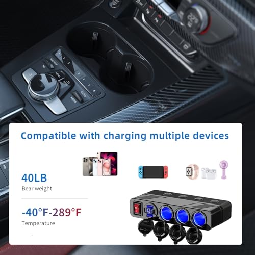 3-Socket Cigarette Lighter Splitter,108W Multi Port Outlet Car Charger PD30W and 4 USB-A QC3.0 18W with LED Display 12V/24V Vehicle Super Fast Adapter for GPS, Dash Cam, iPhone, Car