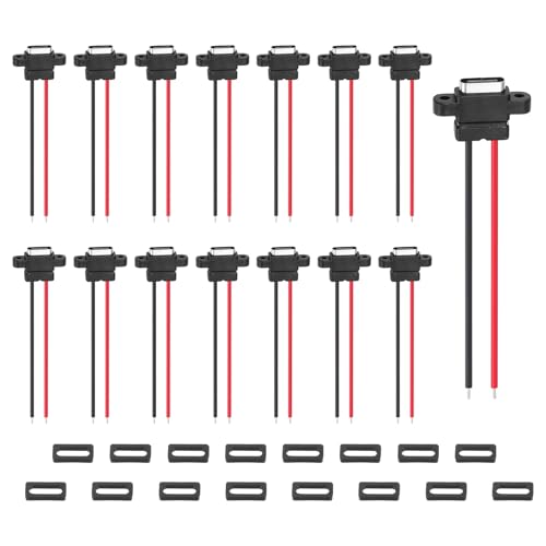 MECCANIXITY 8Pcs Type-C Female Chassis Connector, 2 Pin Waterproof Pigtail Bare Wire Panel Mount Socket with Rubber Ring for DIY USB-C Charging Port Installation (Vertical Terminal)