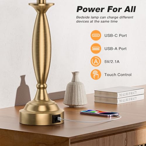 Bedroom Lamps for Nightstand, 3 Way Dimmable Gold Bedside Lamps with USB - color: K. White Shade & Gold Base, size: Medium（22.5 In）