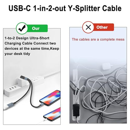 Right-Angle USB-C Splitter Cable 1-in-2-Out,Short USB-C Male to Type-C + USB-A Y-Splitter Cable,2-in-1 USB C Charging Extension Adapter Cable for Power Bank,Phone,USB Drive–24cm