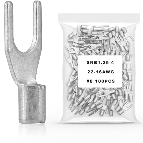 100Pcs #8 Non-Insulated Fork Terminal,22-16 AWG Brazed Seam Red Copper Wire Connectors,Crimp Connector Terminal Kit (Fork #8 100PC, AWG22-16) - size: AWG22-16, style: Fork #8 100PC