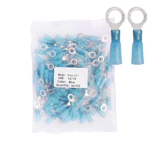 100PCS Blue 1/4" Heat - Shrink Ring Connectors, AWG 16-14 Gauge Tinned Red Copper 0.7mm Ring Terminals Connectors – an Efficient and Reliable Electrical Connection - color: Blue, size: Ring 1/4"