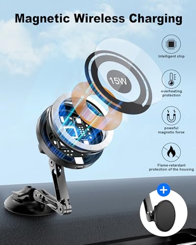 ZBF Magnetic Car Phone Holder, 15W for MagSafe Car Mount Charger(Fast Wireless Charging,Vacuum) 360°Adjustable Car Mount for Women Men iPhone 17-12 - style: Upgraded 2-in-1 Model