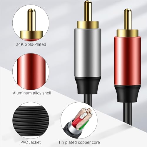 Stereo RCA Audio Cable 15ft, Gold Plated 2RCA Male to 2RCA Male – Hi-Fi Audio Cord for Subwoofer, HDTV, Amplifier, Home Theater, Speaker, DVD/CD Player - size: 15 Feet