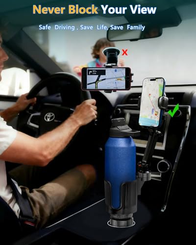 Cup Phone Holder for Car Cup Holder with Expandable Base, Detachable Dual Cellphone Holder Cupholder Car Mount with Long Arm Universal Fit iPhone and Large Bottle, for Truck SUV - color: Black