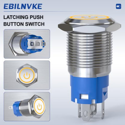16mm Latching Push Button Switch 5A 12V Power Symbol LED Ring SPDT - color: Silver Shell-Yellow