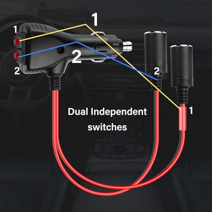 SinLoon 12V Car Cigarette Lighter Splitter Adapter with 2 Independent Switches 16AWG Cigarette Lighter 1 Male to 2 Female Sockets Y Splitter Power Cable with 15A Fuse 0.3M/1FT