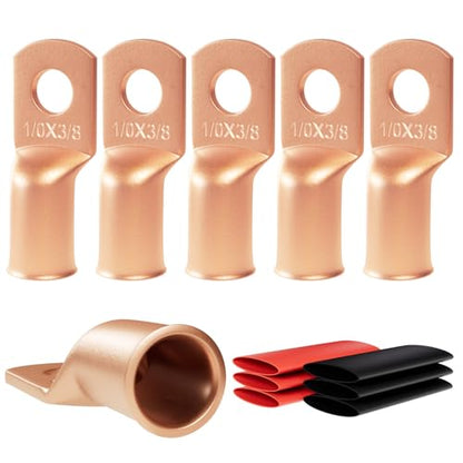 Sanuke 6pcs 1/0 Awg-3/8'' Copper Wire Lugs, Heavy Duty 0 Gauge Terminals - color: Bare Copper, size: 1/0 Awg - 3/8" (M10)
