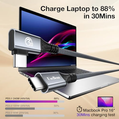 USB C Right Angle Cable 240W 10ft, USB C 3.2 Gen 2X2 20Gbps Data Cable - color: Grey, size: 10ft