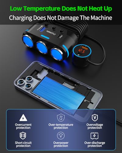 YANTU Cigarette Lighter Adapter/Splitter with PD&QC3.0 230W,Double/Dual USB C Car Charger Fast Charging 12V Outlet,Multi Socket Splitter with Ambient Lights/Independent Switches for Cars/Trucks/RVs - color: 212W-B40