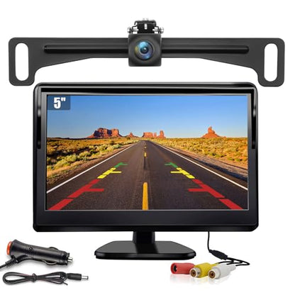 License Plate Backup Camera with 5in Monitor, 170 Degree Wide Angle DIY Grid Lines Waterproof Reverse Rear View Camera Systems for Truck Car Trailer SUV - size: 5''+License plate camera