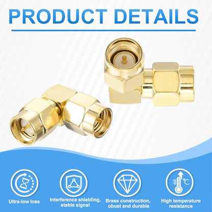 MECCANIXITY 5Pcs 90° Type SMA Right Angle Adapter SMA Male to Male Adapter Converter 50 Ohm for Antennas, Signal Monitoring, Test Bench, Router, Car Navigation, Gold